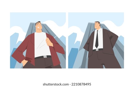 Man Character in Formal Suit with Light Up View Standing Against Cityscape Vector Set