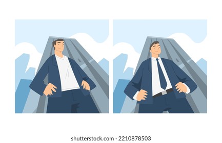 Man Character in Formal Suit with Light Up View Standing Against Cityscape Vector Set