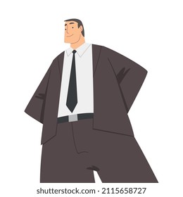 Man Character in Formal Suit and Tie Standing and Smiling Perspective View Vector Illustration
