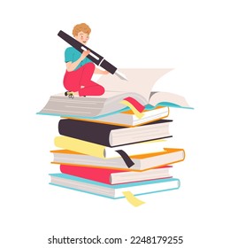 Man Character with Fountain Pen Sitting on Pile of Notepad Working with Text Vector Illustration