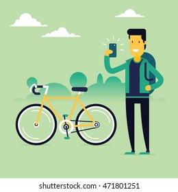 man character in front of modern bike making selfie and sharing his awesome sport results in social networks. Fully editable vector illustration. Perfect for cards, pictures, flyers.