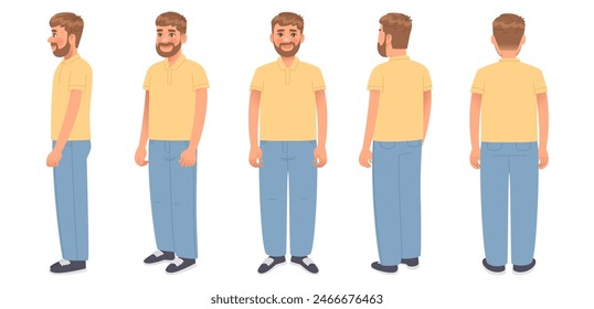 Man character from front side and back view on white background. Vector illustration in cartoon style