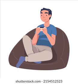 Personaje masculino con Gamepad como dispositivo digital sentado en un sillón que sufre de la ilustración de vectores de adicción a internet