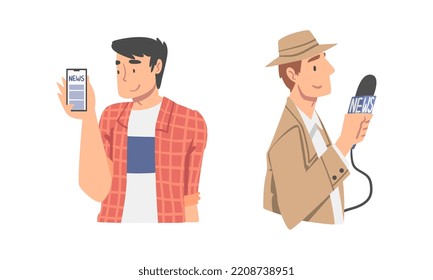Man Character Gathering News Doing Interview and from Smartphone Vector Set