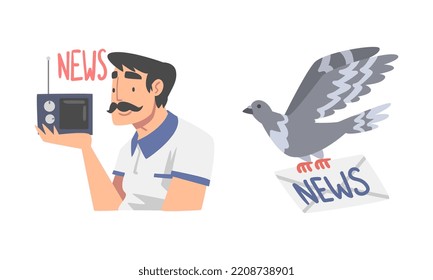 Man Character Gathering News Listening to Radio and Pigeon Carrying Envelope Vector Set
