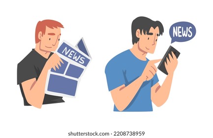 Man Character Gathering News Reading Newspaper and Scrolling Newsfeed on Smartphone Vector Set