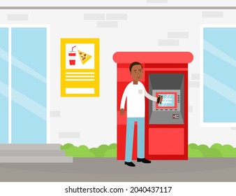 Personaje masculino que obtiene efectivo y realiza pagos con la ilustración de vectores de máquina ATM