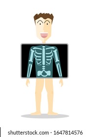 Man character getting x-ray checkup. Cartoon patient xray, Radiography exam, Transparent screen showing the structure of each bone. Physical examination using medical science methods