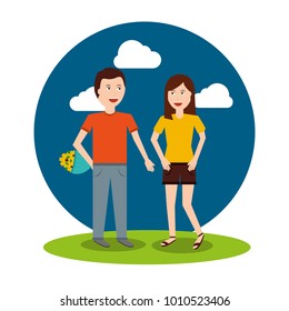 man character give bouquet flowers to woman