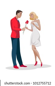 Man character give bouquet flowers to woman. First love date. Vector flat cartoon illustration