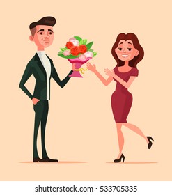 Man character give bouquet flowers to woman. First love date. Vector flat cartoon illustration