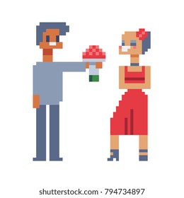 Man character give bouquet flowers to a woman. Pixel 80s art style. Greeting card design, vector illustration for birthday, Women's day, St Valentine's Day. Logo for shop, website. Mother's Day.