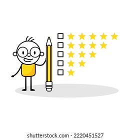 Ein Mensch, der Feedback gibt. Kunden-Rezensionen, die den Sternen ein Qualitätsergebnis geben, bewerten das Servicekonzept. Vektorgrafik