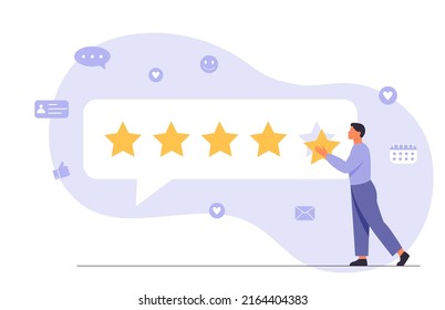 Man character giving five star feedback. Client evaluating product, service. Customer satisfaction assessment concept. Flat vector illustration.