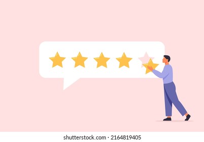 Man character giving five star feedback. Client evaluating product, service. Customer satisfaction assessment concept. Flat vector illustration.