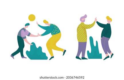 Man Character Giving High Five Interacting with Each Other Vector Set