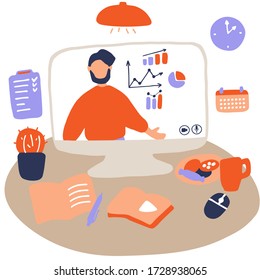 Man character is giving online business lecture. Online courses, digital and distance teaching and learning concept. Workplace for remote work and e-learning. Flat vector illustration