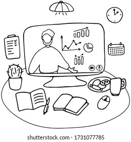Man character is giving online business lecture. Online courses, digital and distance teaching and learning concept. Workplace for remote work and e-learning. Hand drawn vector illustration
