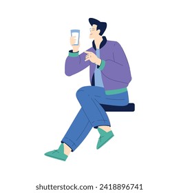 Man Character with Glass Enjoying Cold Refreshing Drink Vector Illustration