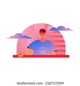 Man Character in Glasses Looking Out of Window Sitting at Home Peeping Outside Vector Illustration. Male Peeking Out from Their Apartment