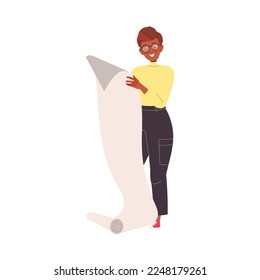 Man Character in Glasses with Paper Scroll Working with Text Vector Illustration