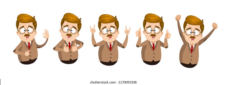 Man character in glasses showing different hand gestures. Lecturer doing thumbs up, okay, hands up and rock gestures vector illustration. Funny mustache businessman personage in suit and tie