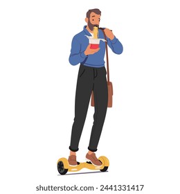 Man Character Glides Effortlessly On A Sleek Hoverboard, Expertly Balancing A Box Of Steaming Wok Noodles, Deftly Twirling Chopsticks To Snag A Bite Mid-motion. Cartoon People Vector Illustration