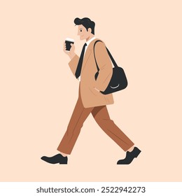 Man character going to work with coffee in his hand. Side view of a man walking forward with a cup of drink in his hand. Successful stylish man. Vector flat illustration isolated on background.