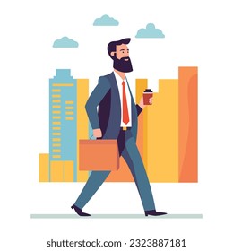 Caracter de hombre va a trabajar con una taza de café en su arte vectorial de mano