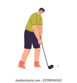 Man Character Golf Playing Training with Golf Club Vector Illustration