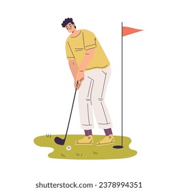 Man Character Golf Playing Training with Golf Club on Green Grass Vector Illustration