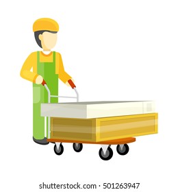 Man character in green and yellow uniform with heavy boxes on big trolley. Buying building materials in supermarket concept. Delivering overall goods. Flat design illustration for ad and icons.