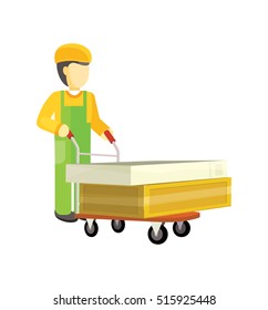 Man character in green and yellow uniform with heavy boxes on big trolley. Baying building materials in supermarket concept. Delivering overall goods. Flat design illustration for ad and icons.