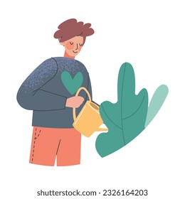 Man Character at Greenhouse Standing with Watering Can Planting and Cultivating Flower Vector Illustration