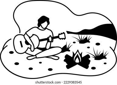 Man character with guitar and fire at summer camp Concept, guitarist enjoying nature vector icon design, Outdoor weekend Activity symbol, Travel Holiday Scene Sign, Relaxing people at Vacation stock