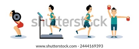 Man Character in Gym Engaged in Physical Exercising Vector Set
