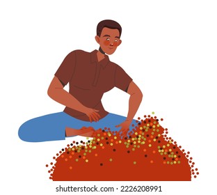 Man Character Harvesting Coffee Sitting and Sorting Fresh Fruit Vector Illustration