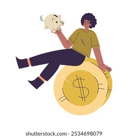 Personagem Homem Tem Capital Sit com Piggy Bank no dinheiro Moedas de Ouro Ilustração Vetor