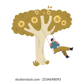 Man Character Have Capital Swing on Tree with Money Golden Coin Vector Illustration