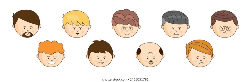 Man Character Head Avatar with Different Hairstyle and Emotion Vector Set