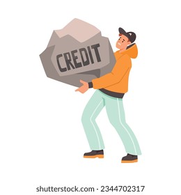 Carácter masculino con piedra pesada como gravedad de la ilustración de vectores hipotecarios y de préstamos