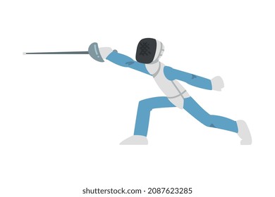 Man Character in Helmet with Epee Engaged in Combat Fencing Sport or Fighting Sport Competing Vector Illustration