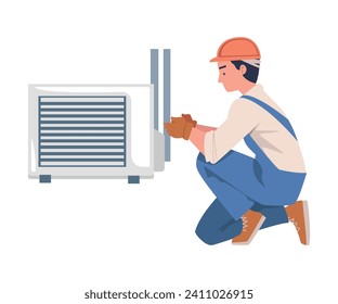 Man Character in Helmet and Overall Fix and Repair Ventilation and Air Conditioner Vector Illustration