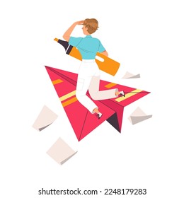 Man Character with Highlighter Flying on Paper Plane as Working with Text Vector Illustration