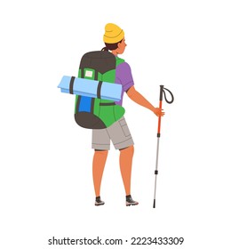 Man Character Hiking in the Mountains with Pole and Backpack Vector Illustration