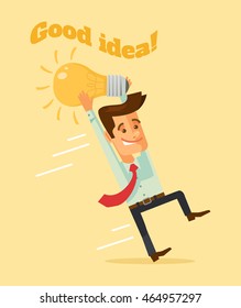 Man character hold lightbulb. Vector flat cartoon illustration