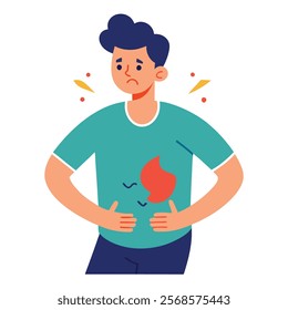 Man Character Holding Abdomen and Feeling Pain - Heart Vector Illustration