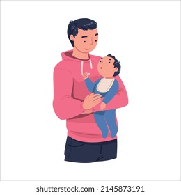 Man Character Holding Baby with Arms Nursing Him Vector Illustration