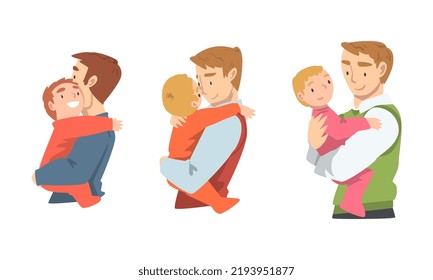 Man Character Holding Baby with Arms Nursing Him Vector Illustration Set