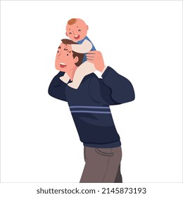 Man Character Holding Baby Sitting on His Shoulder Nursing Him Vector Illustration